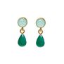 Teardrop shaped gemstone earrings with pale aqua in the stud and green onyx suspended below